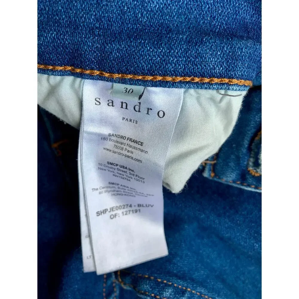 Sandro Button Fly Jeans in Blue Vintage Denim Size 30 Slim Fit Pockets Stretch - Picture 5 of 5